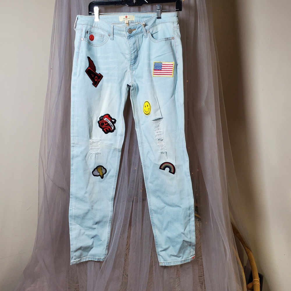 RED Jeans Boho Patches Vintage Wash Denim Peace Love America Sz 12 Fits‎ 33x29.5